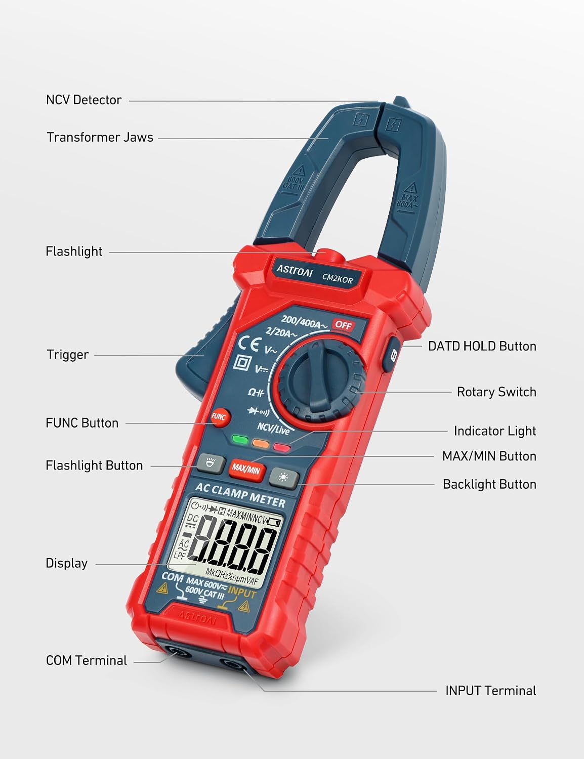 AstroAI Digital Clamp Meter Multimeter 2000 Counts Amp Voltage Tester Auto-ranging with AC/DC Voltage, AC Current, Resistance, Capacitance, Continuity