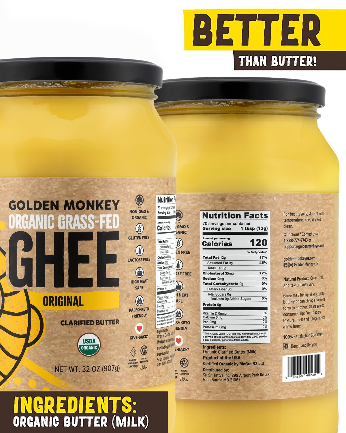 GOLDEN MONKEY Organic Ghee Butter – Grass Fed Clarified Butter for Cooking, Baking