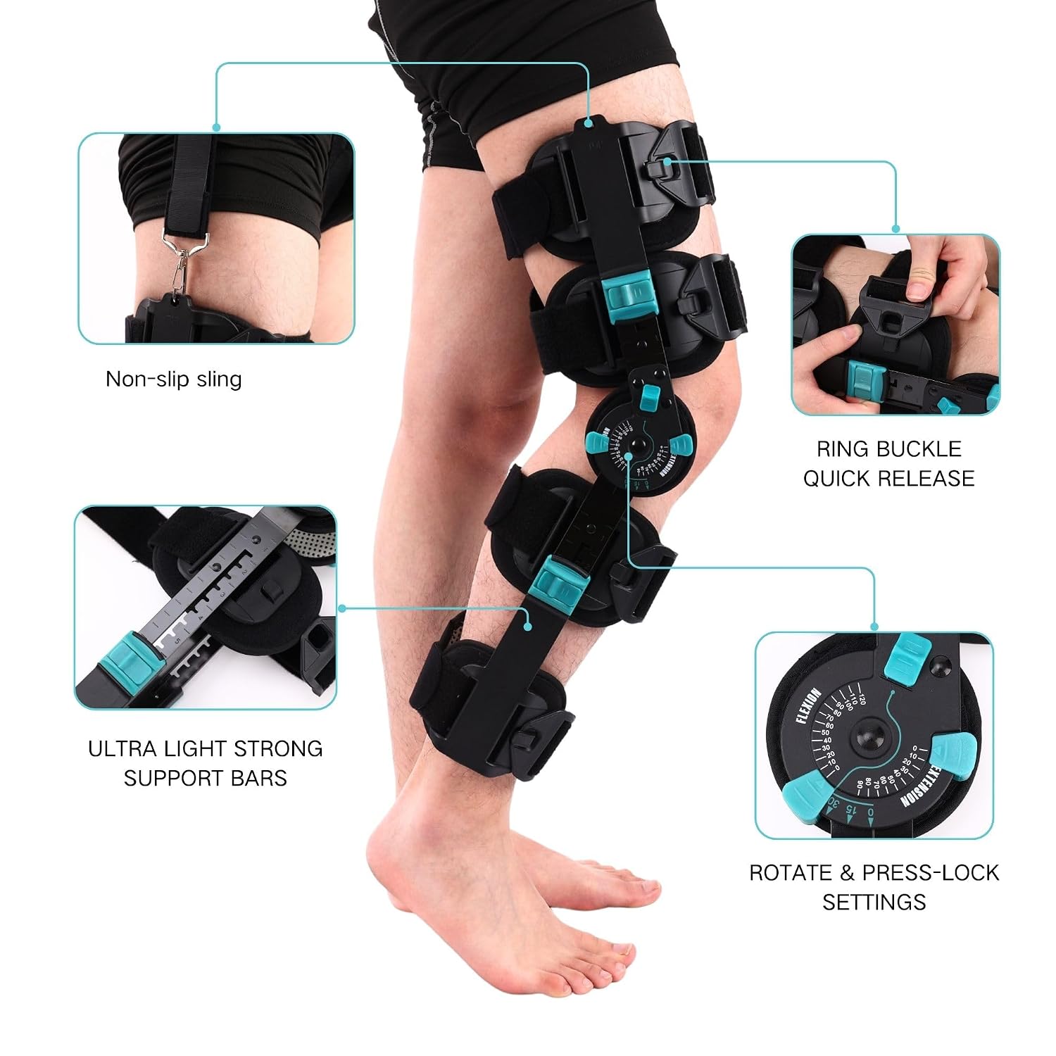 Hinged Rom Knee Brace, Adjustable Post Op Knee Immobilizer for Recovery Stabilization, ACL, MCL and PCL Injury