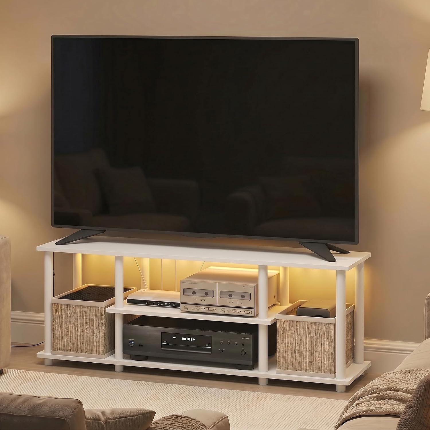 Furinno Turn-N-Tube No Tools 3D 3-Tier Entertainment TV Stand up to 50 inch TV, Round Tubes, French Oak Grey/Black | for TV up to 50 Inch, Open Frame Rectangular Entertainment Center with Storage Shelf, TV Console, for Living Room, Bedroom