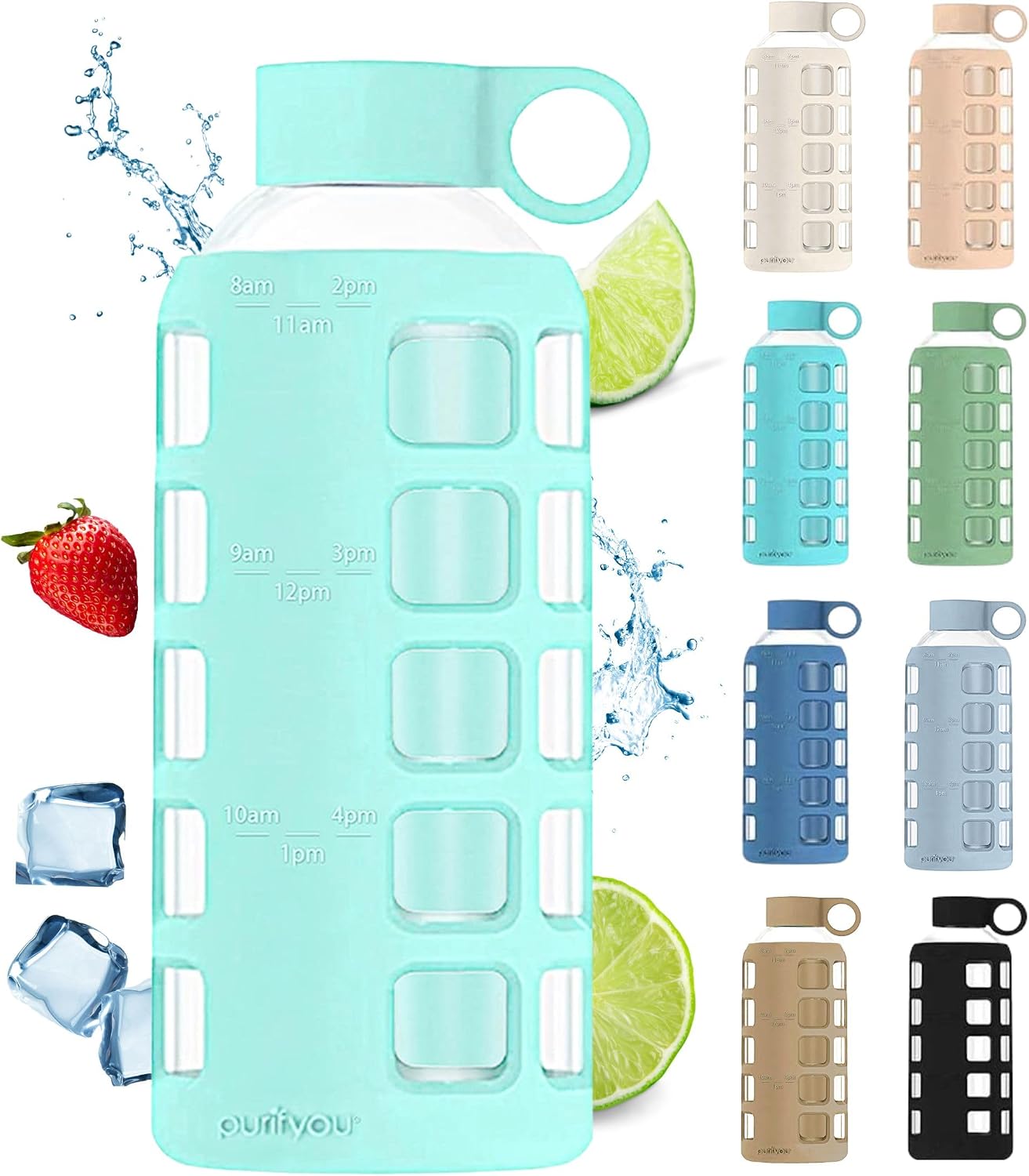 purifyou 40oz / 32oz / 22oz / 12oz Borosilicate Glass Water Bottle with Time & Volume Markers, Silicone Sleeve