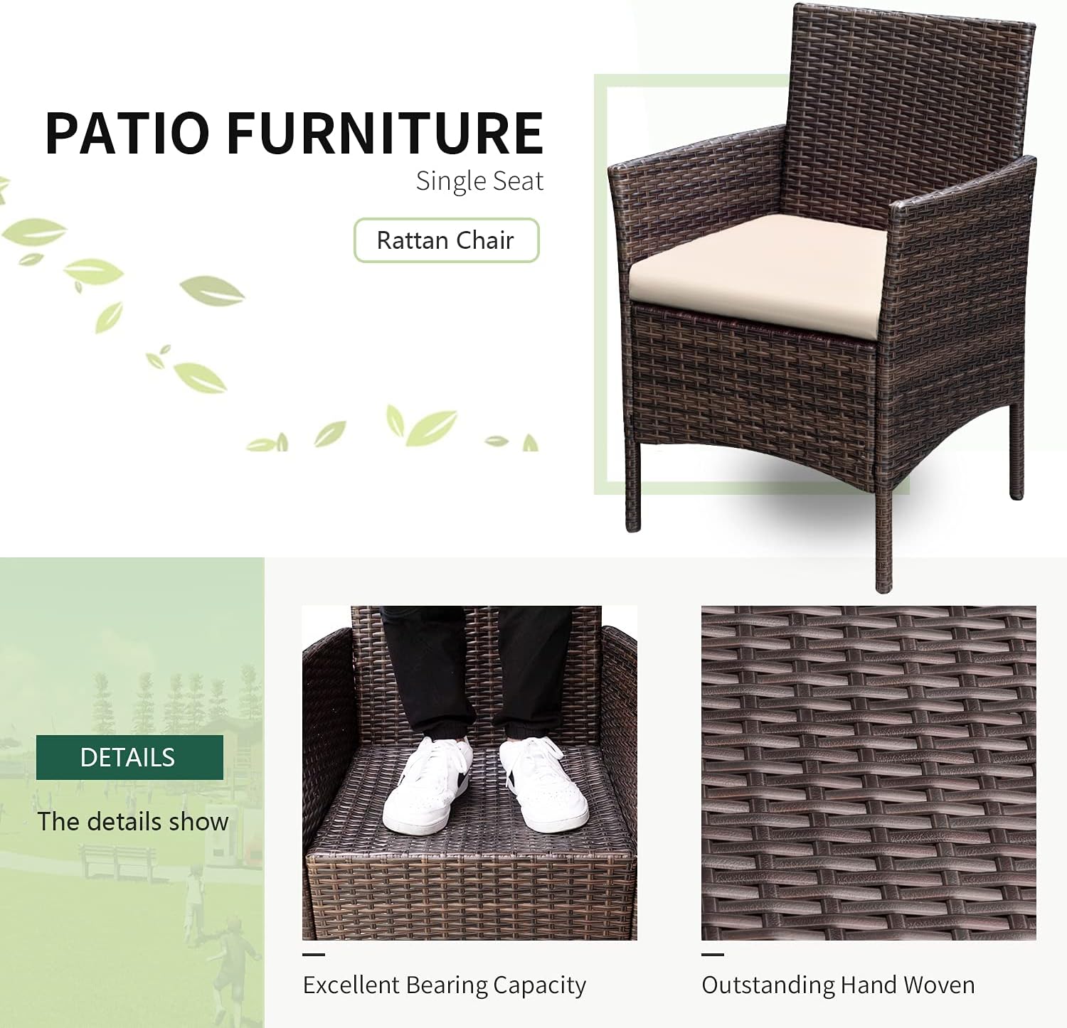 Greesum 3 Pieces Patio Furniture Sets Outdoor PE Wicker Chairs,Beige
