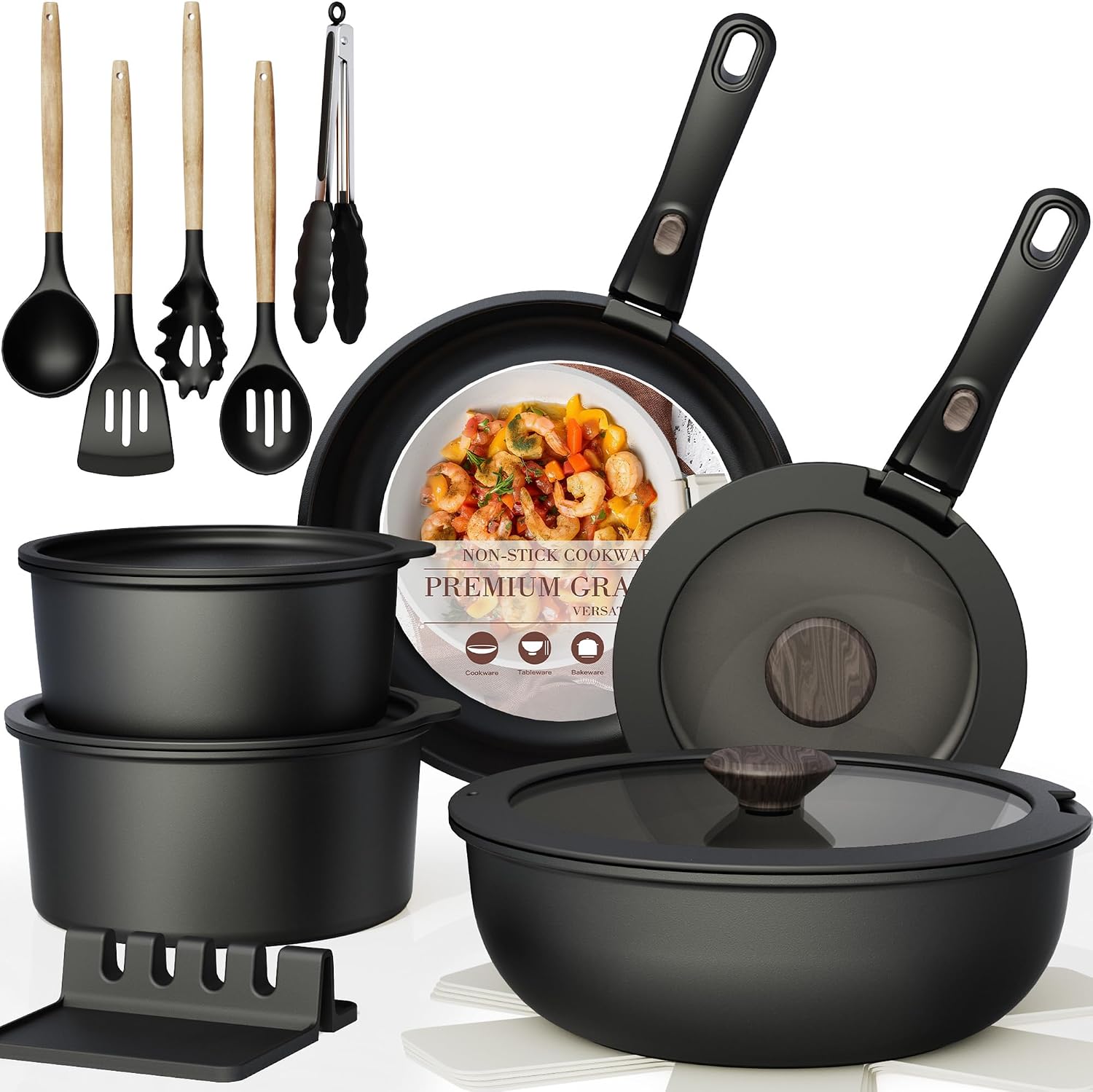 Astercook 21 Pcs Pots and Pans Set Non Stick, Ceramic Cookware Set Detachable Handle, RV Kitchen Cooking Set Removable Handles, Oven Safe, Induction Ready, Stackable, Cream, Fathers Day Gift for Men