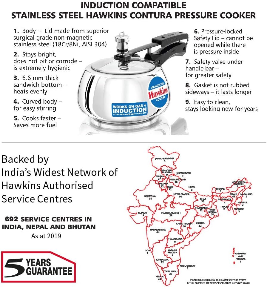 Hawkins Contura Pressure Cooker, Stainless Steel Inner Lid Cooker, Handi Cooker, Induction Cooker, Small Cooker, Silver SSC20 2 Litre