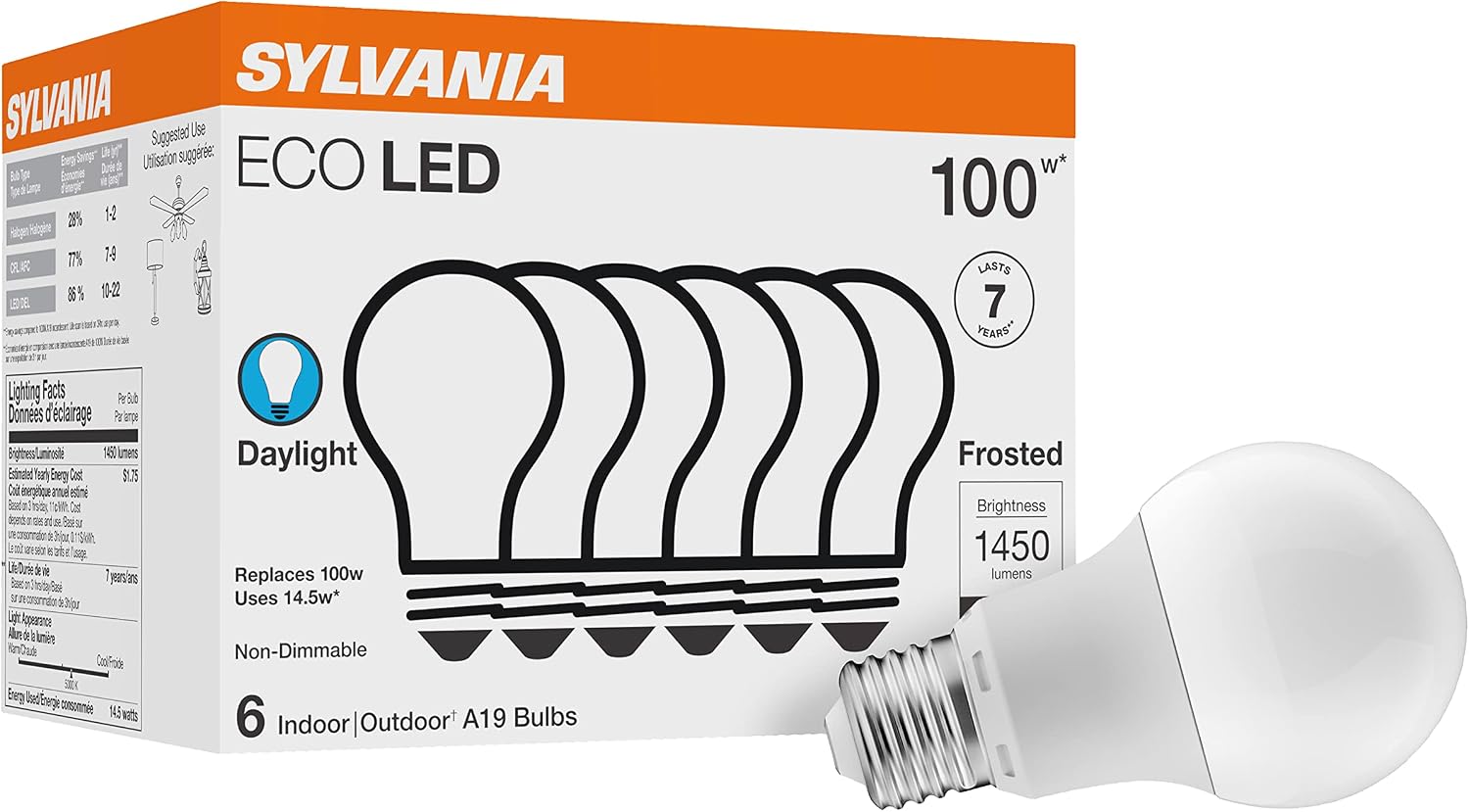 Sylvania ECO LED Light Bulb, A19, 100W Equivalent, Efficient 14.5W, 7 Year, 1450 Lumens, Frosted, 5000K, Daylight - 6 Pack (40884)