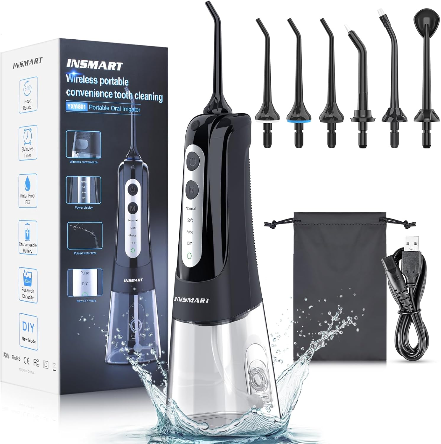 Cordless Water Dental Flosser Teeth Cleaner, INSMART Professional 300ML Tank DIY Mode USB Rechargeable Dental Oral Irrigator for Home and Travel