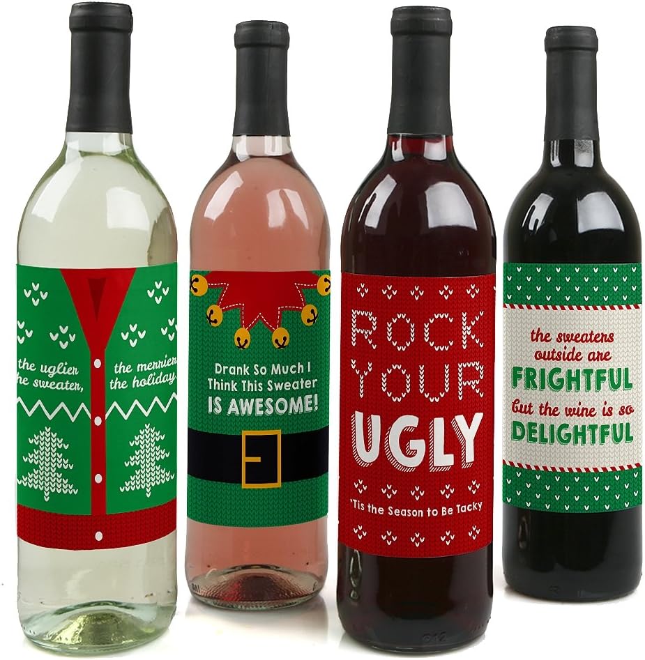Big Dot of Happiness Ugly Sweater - Holiday and Christmas Wine Bottle Label Stickers - Set of 4