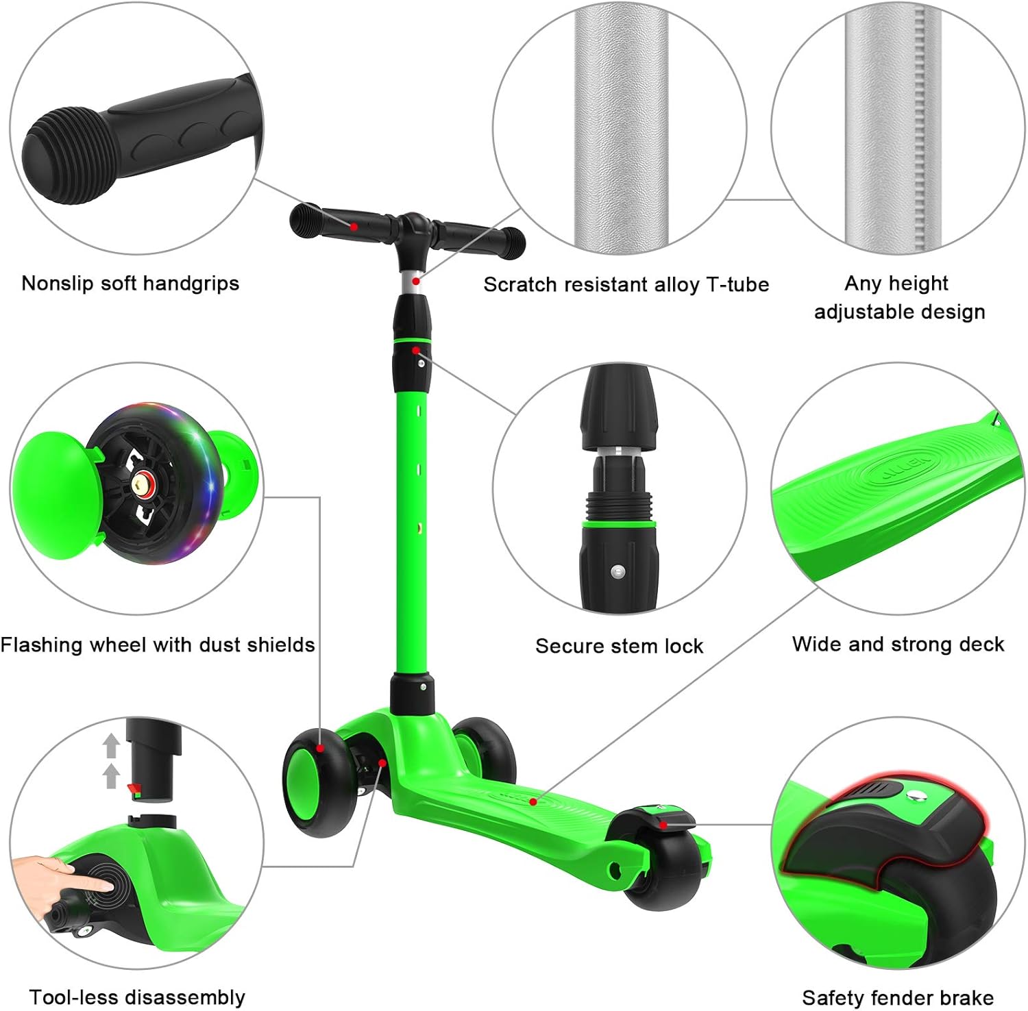 Allek Kick Scooter B03, Lean 'N Glide 3-Wheeled Push Scooter with Extra Wide PU Light-Up Wheels
