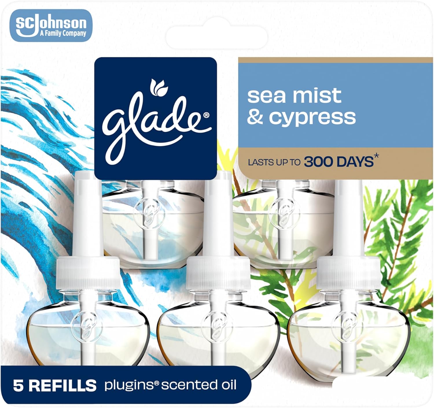 Glade PlugIns Refills Air Freshener, Sea Mist & Cypress, Scented and Essential Oils for Home and Bathroom, 0.67 Fl Oz, 5 Count
