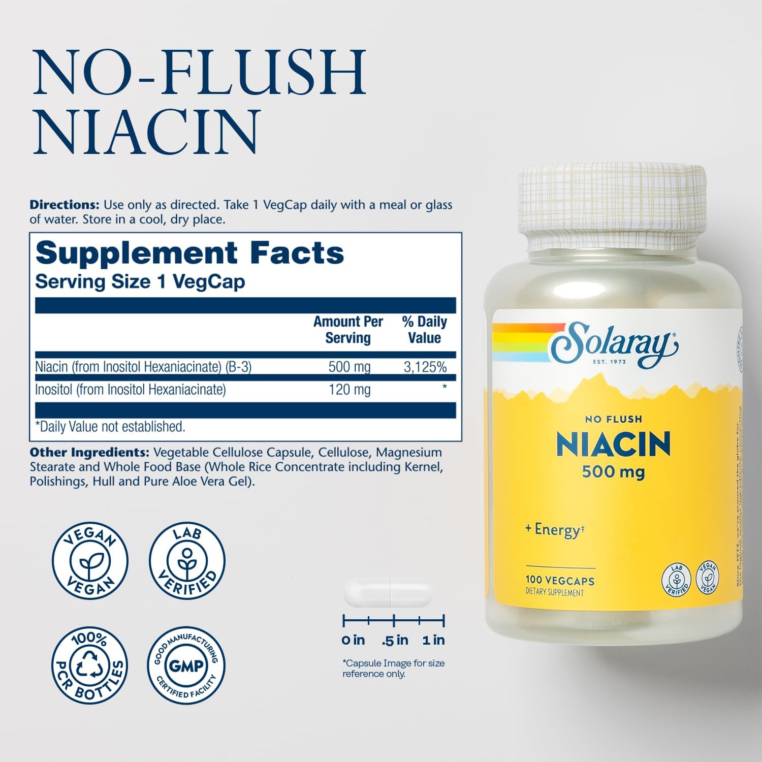 SOLARAY No Flush Niacin 500mg, Flush-Free Vitamin B3 Niacin, Energy and Circulatory System Support, Vegan, Lab Verified, 100 Servings, 100 VegCaps