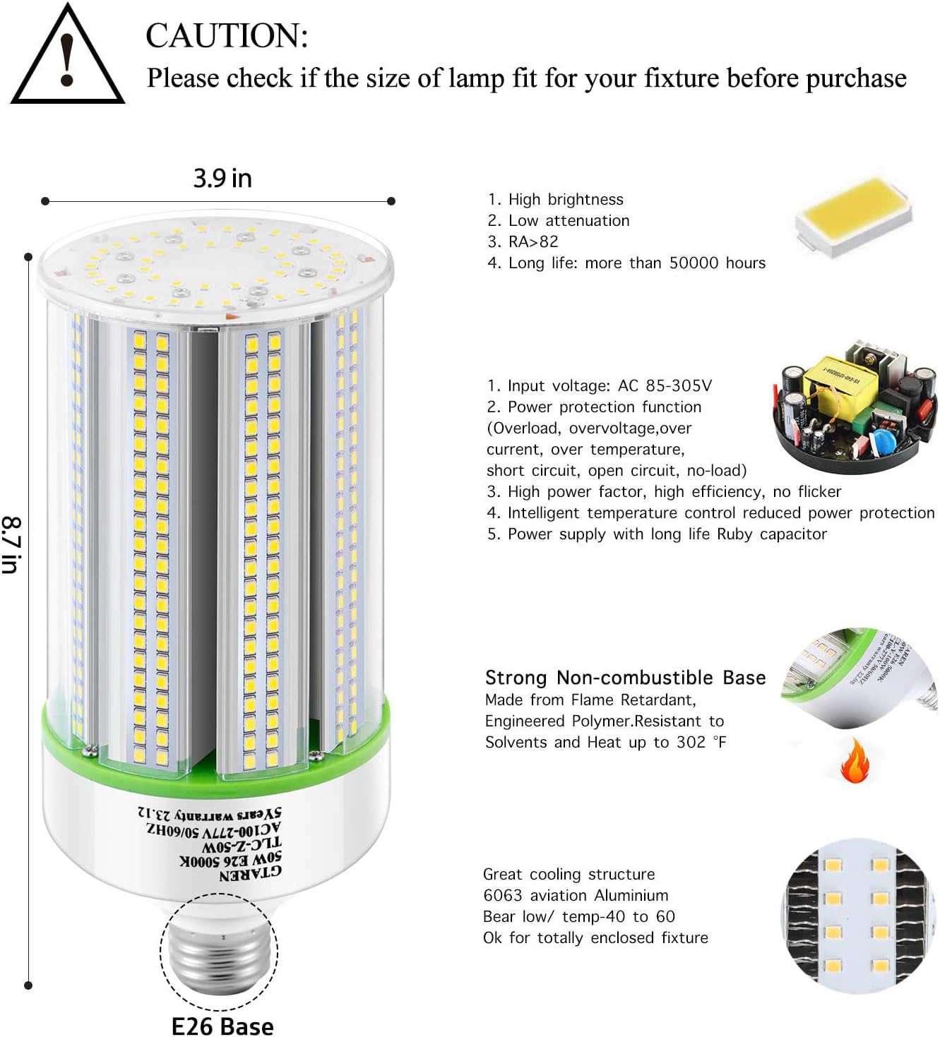 GTAREN 2-Pack 50w Corn LED Light Bulb, E26/E39 led Bulbs, 120-277v 5000k