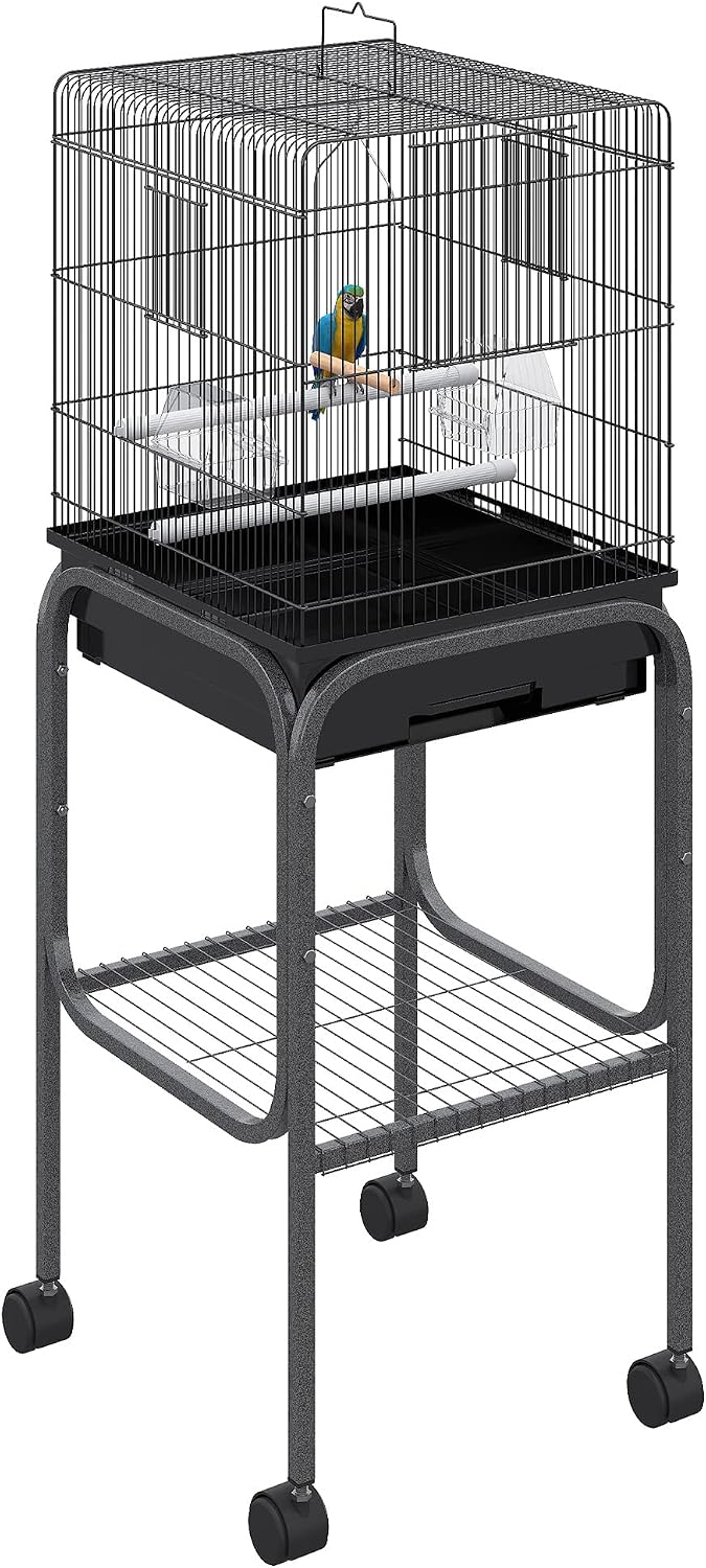 Pawhut 45-inch Metal Indoor Bird Cage, Parrot Cage, Bird Aviary with Detachable Rolling Stand, Storage Basket, and Accessories - Black | Parrot Cage