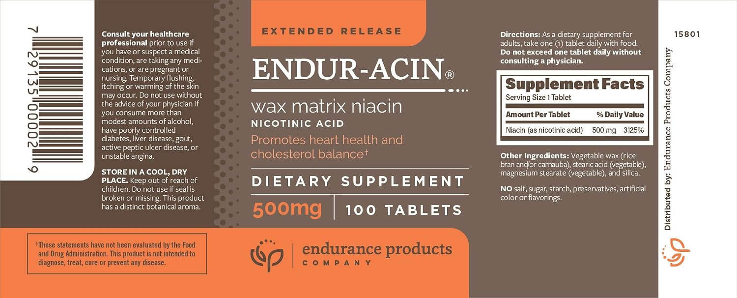 ENDUR-ACIN - Niacin B3 - ER (Extended Release) 500 mg (100 ct) | Nicotinic Acid Formula Supporting Healthy Heart & Cholesterol Balance with