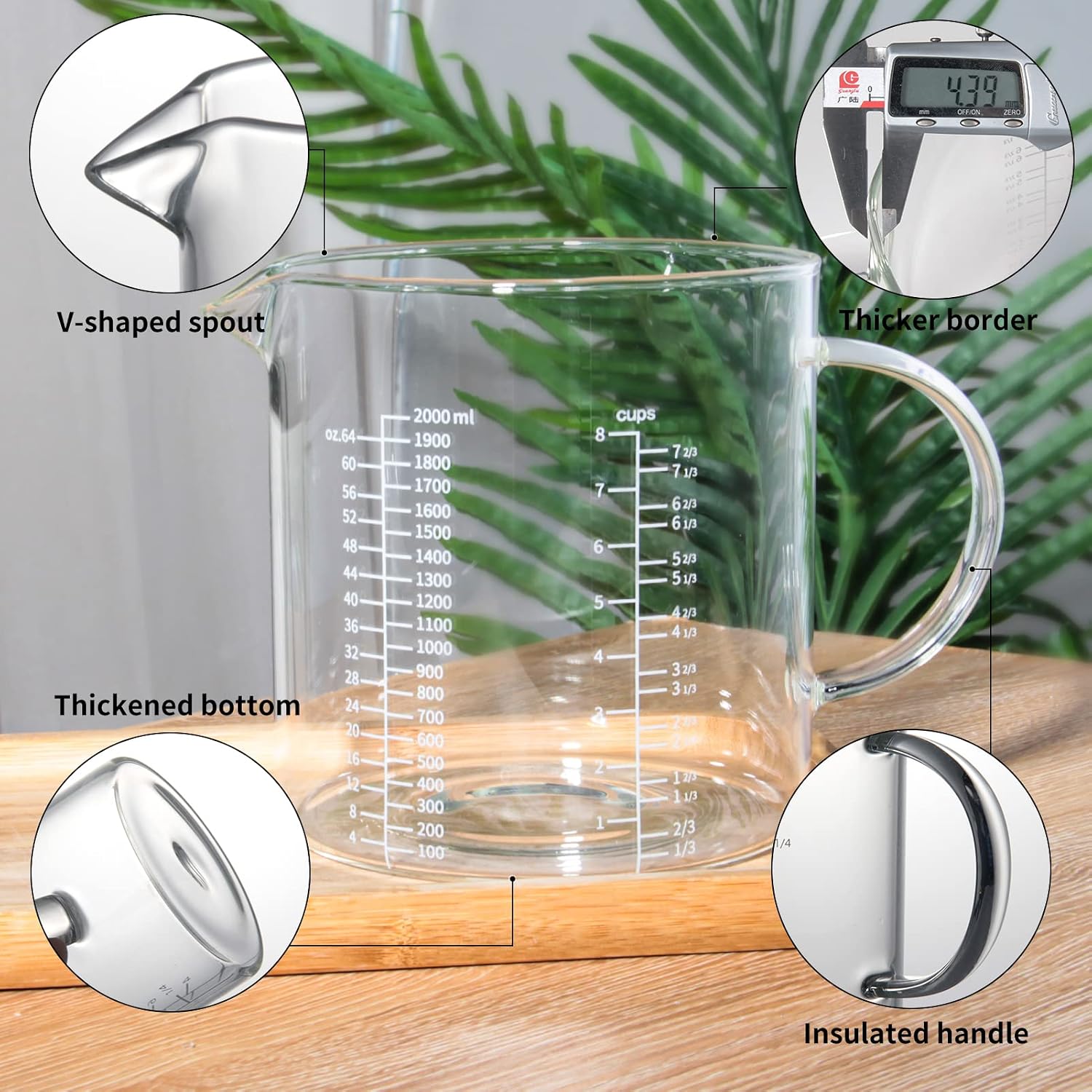 2 Cup Glass Measuring Cup, [Insulated handle, V-Shaped Spout], High Borosilicate Glass Measuring Cup for Kitchen or Restaurant, Easy To Read, 500 ML (0.5 Liter, 2 Cup)