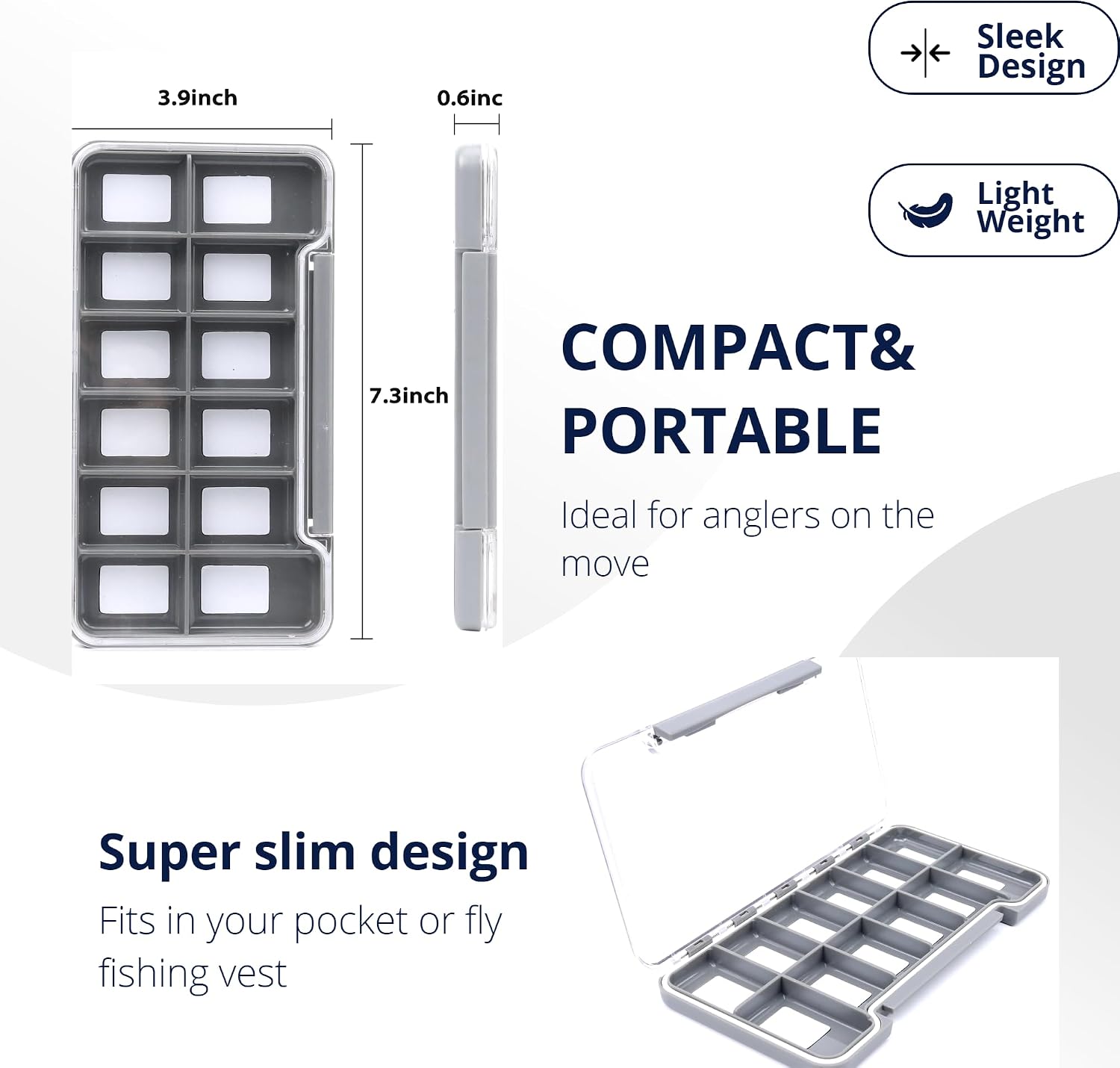 Maxcatch Super Slim Magnetic Back Waterproof Fly Fishing Box: 6, 12, or 18 Compartments(HB96B (8 Compartments))