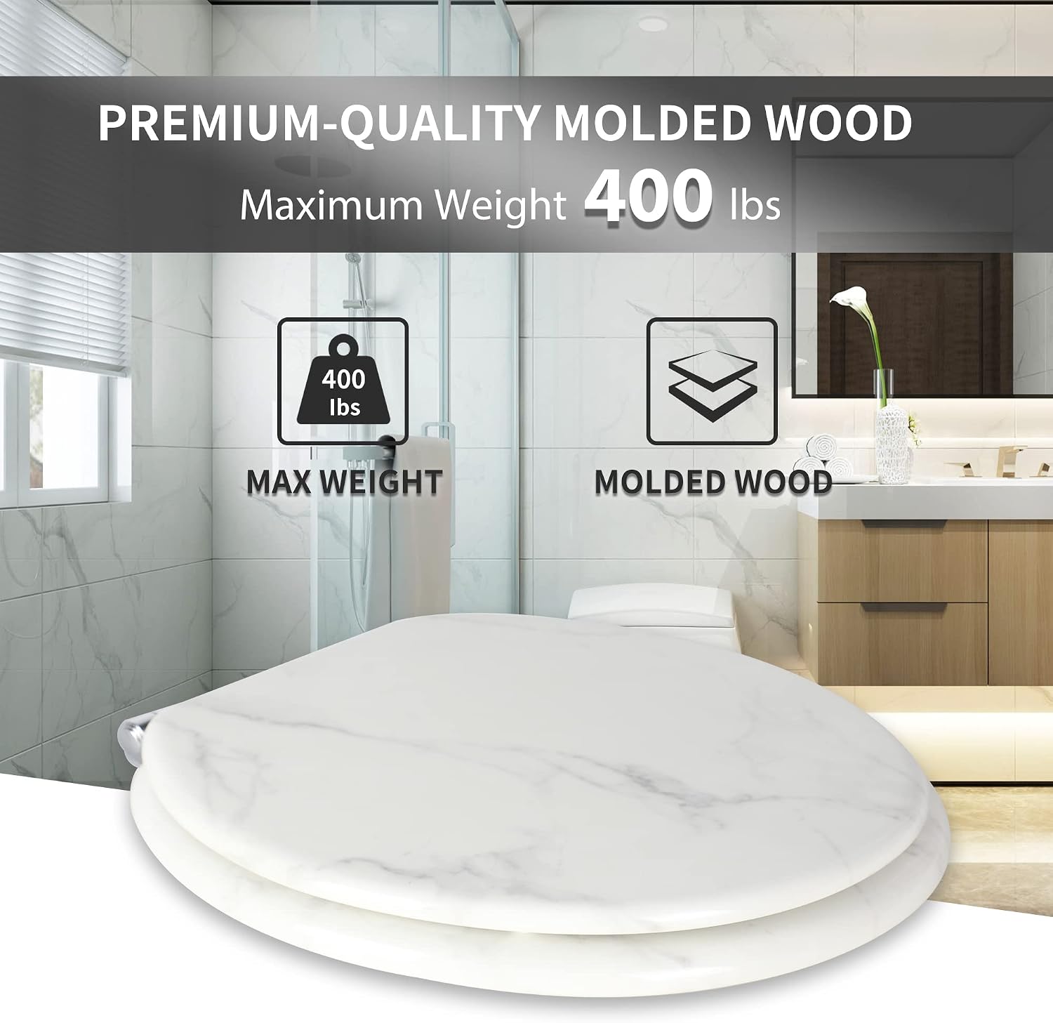 Angel Shield Marble Toilet Seat Durable Molded Wood with Quiet Close,Easy Clean，Quick-Release Hinges (Elongated,Black Marble)