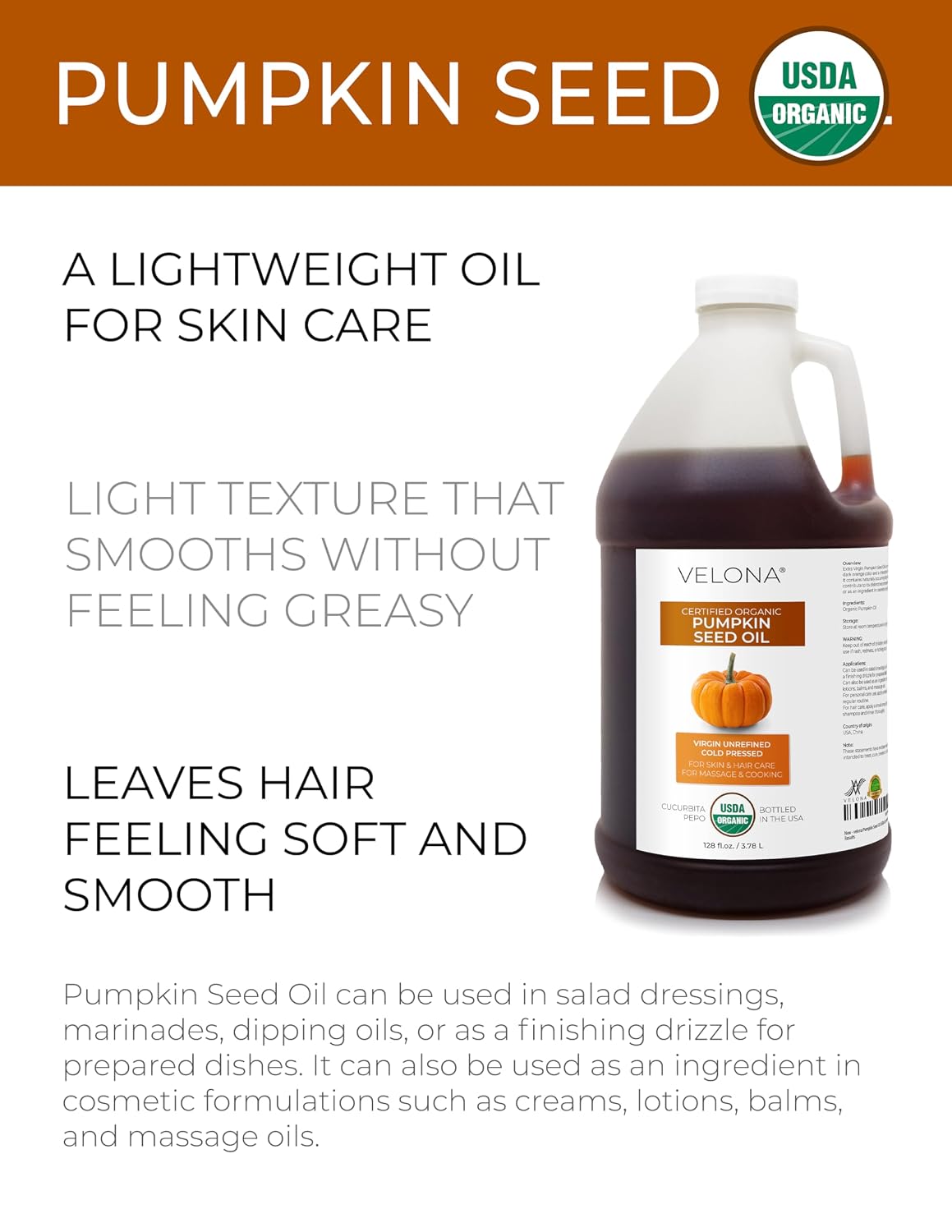 velona USDA Organic Pumpkin Seed Oil - 1 Gallon / 128 fl oz, Cold Pressed