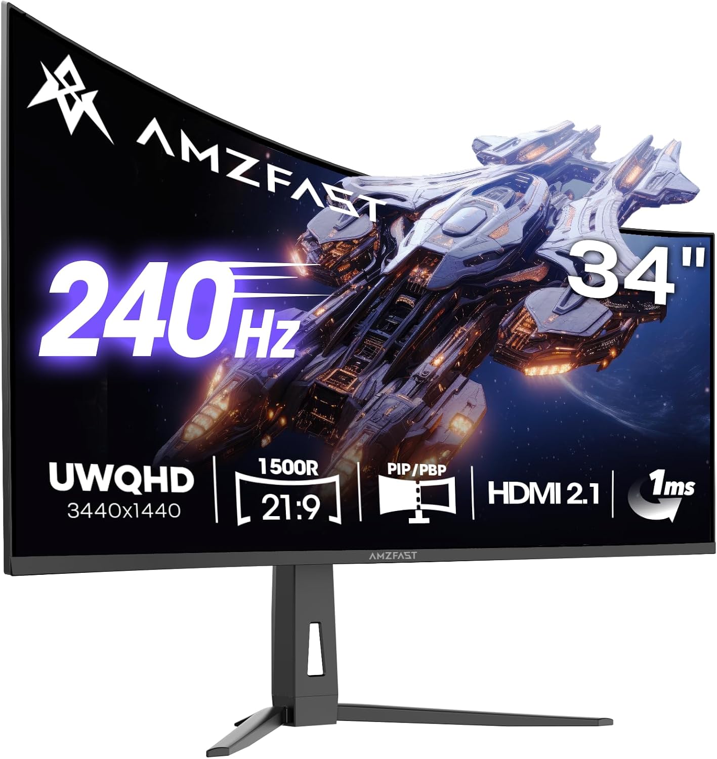 Amzfast 34 Inch Curved Monitor 240Hz UWQHD (3440x1440) Gaming Monitor, 1ms G-SYNC Compatible, 1500R, PIP/PBP, HDR400, 96% DCI-P3, Tilt/Swivel/Height Adjustable, TÜV Rheinland, HDMI 2.1, AMZG34C8 Pro