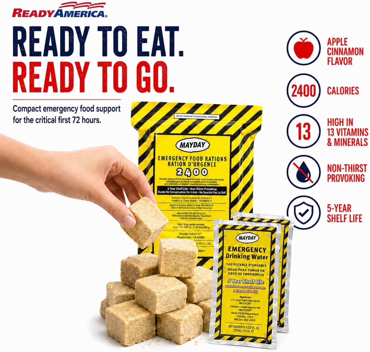 Ready America 3000, 1-Person 3-Day Survival Box, Food Water Blanket | 2400 Calorie Food Bar, Water Pouches, Emergency Blanket, Heat-Retaining Shelter