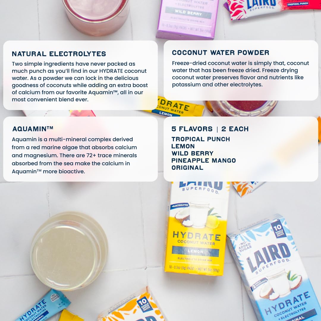 Laird Superfood HYDRATE Coconut Water Powder Drink Supplement with Coconut Water and Auqamin, All Natural, No Added Sugars, Gluten-Free, Non-GMO, Vegan, 8 oz. Bag, Pack of 1