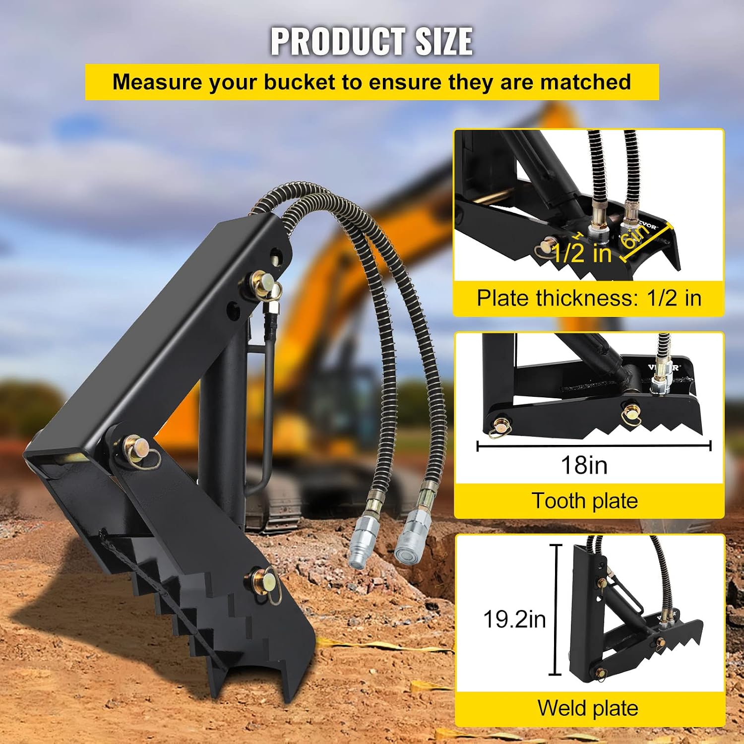 Vevor 18" Hydraulic Backhoe Thumb, 1/2" Thickness Heavy Duty Excavator Thumb, Black Steel Weld On Thumb Attachments with Hydraulic Cylinder