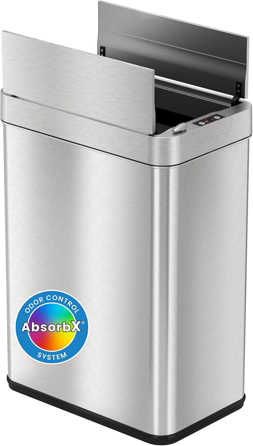 iTouchless Glide 13 Gallon Sensor Garbage Can with Wheels and Odor Control System, Stainless Steel, Automatic Kitchen Bin and Office Trash Bin (Powered by Battery or Optional AC Adapter)