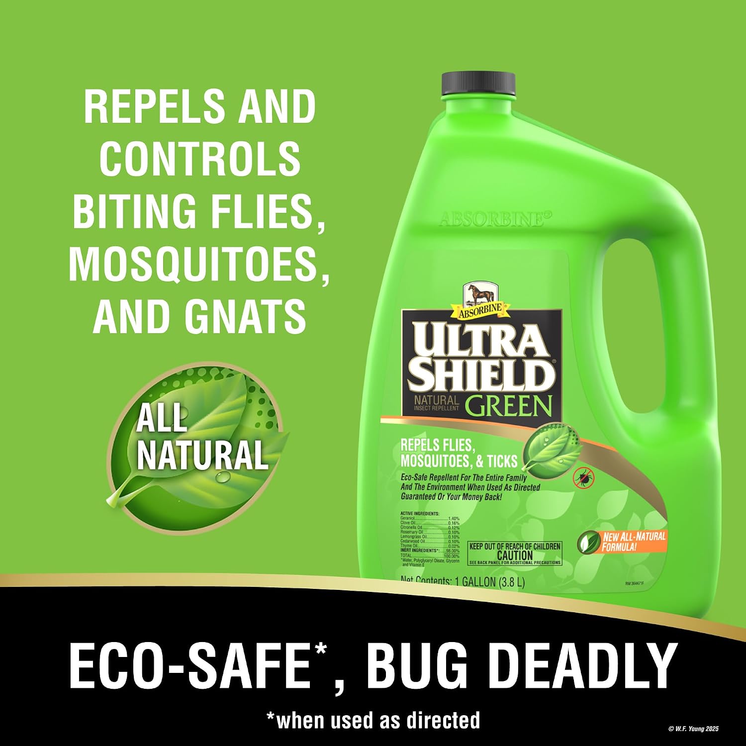 Absorbine UltraShield Green Natural Insect Repellent, 128 fl oz Gallon | Use on Horses & Dogs, Botanical Essential Oils, Daily Use, Repels 70+ Species Including Flies, Mosquitoes, Gnats & Ticks