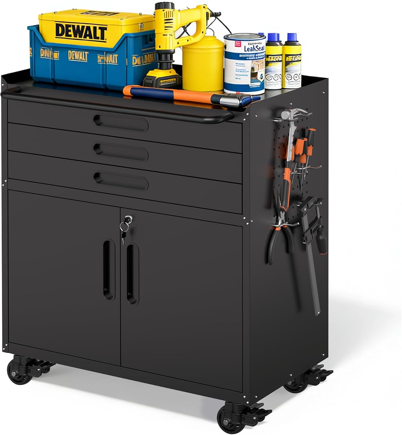 Metal Storage Cabinet for Garage, Tool Cabinet, Utility Cabinet | Wheeled, Rolling Tool Cabinet, 6 Drawers, Top Countertop, Pegboard, Assembly Required, Black