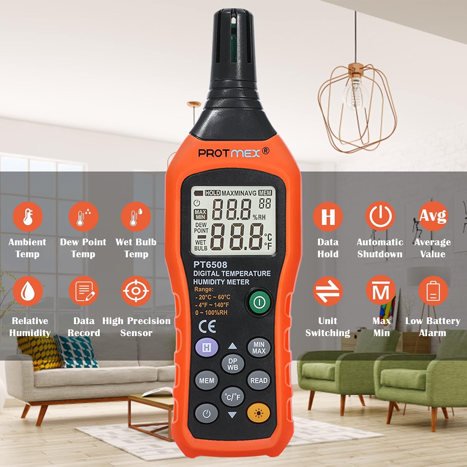 Digital Temperature Humidity Meter, Thermometer Hygrometer with Ambient Dew Point and Wet Bulb Temperature Indoor and Outdoor