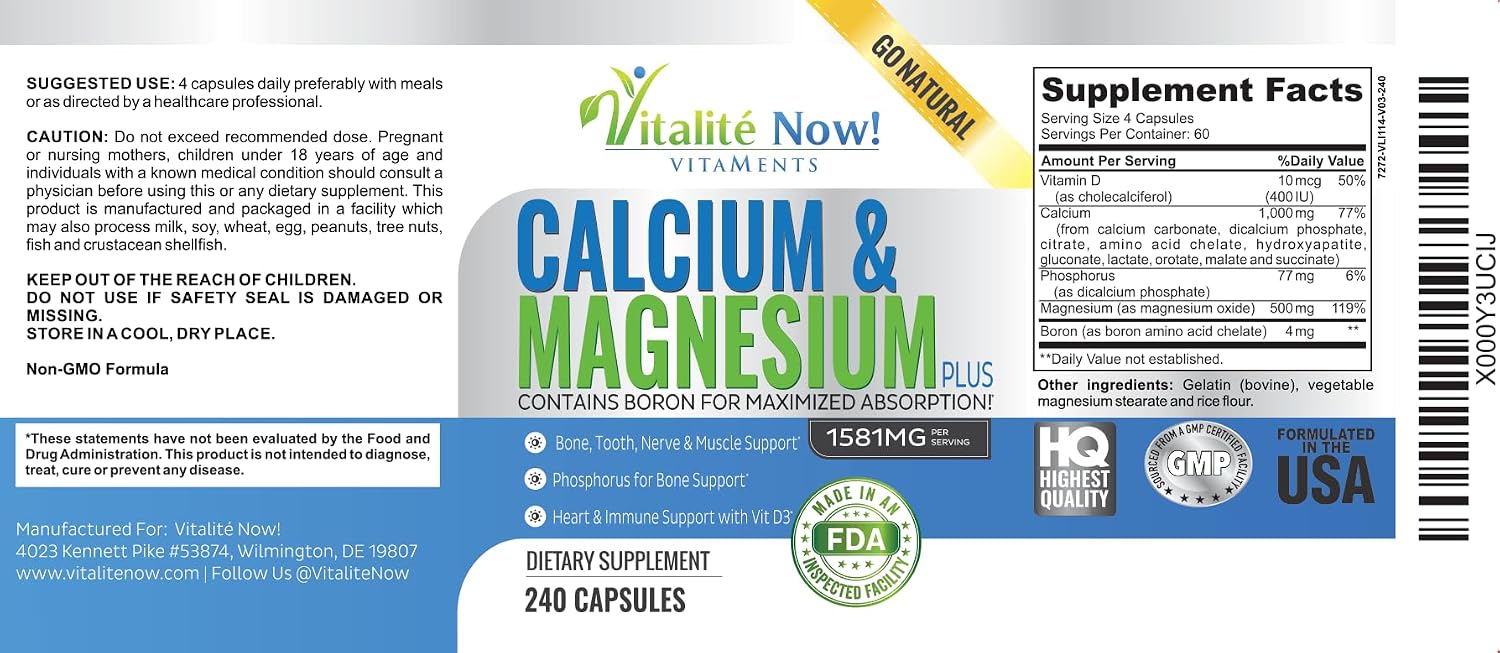 Vitalité Now! Calcium Magnesium Supplement 1000mg with Vitamin D | 10 Forms of Calcium for Maximum Absorption - Bone Strength Support with Boron