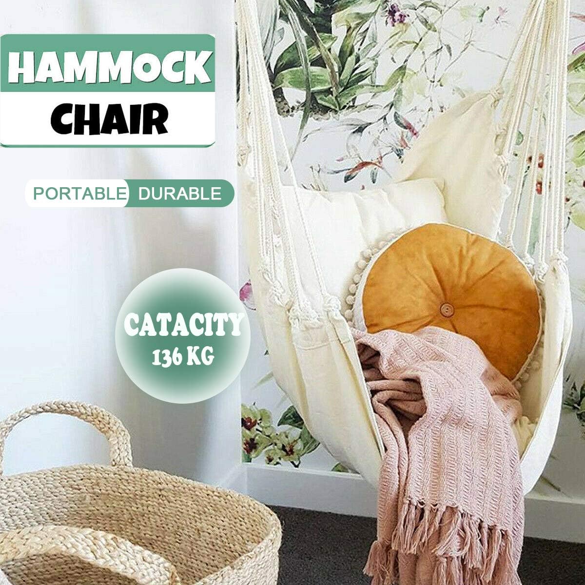 Hammock Chair Hanging Rope Swing Seat for Indoor Outdoor, Sturdy Cotton Weave Hammock Swing