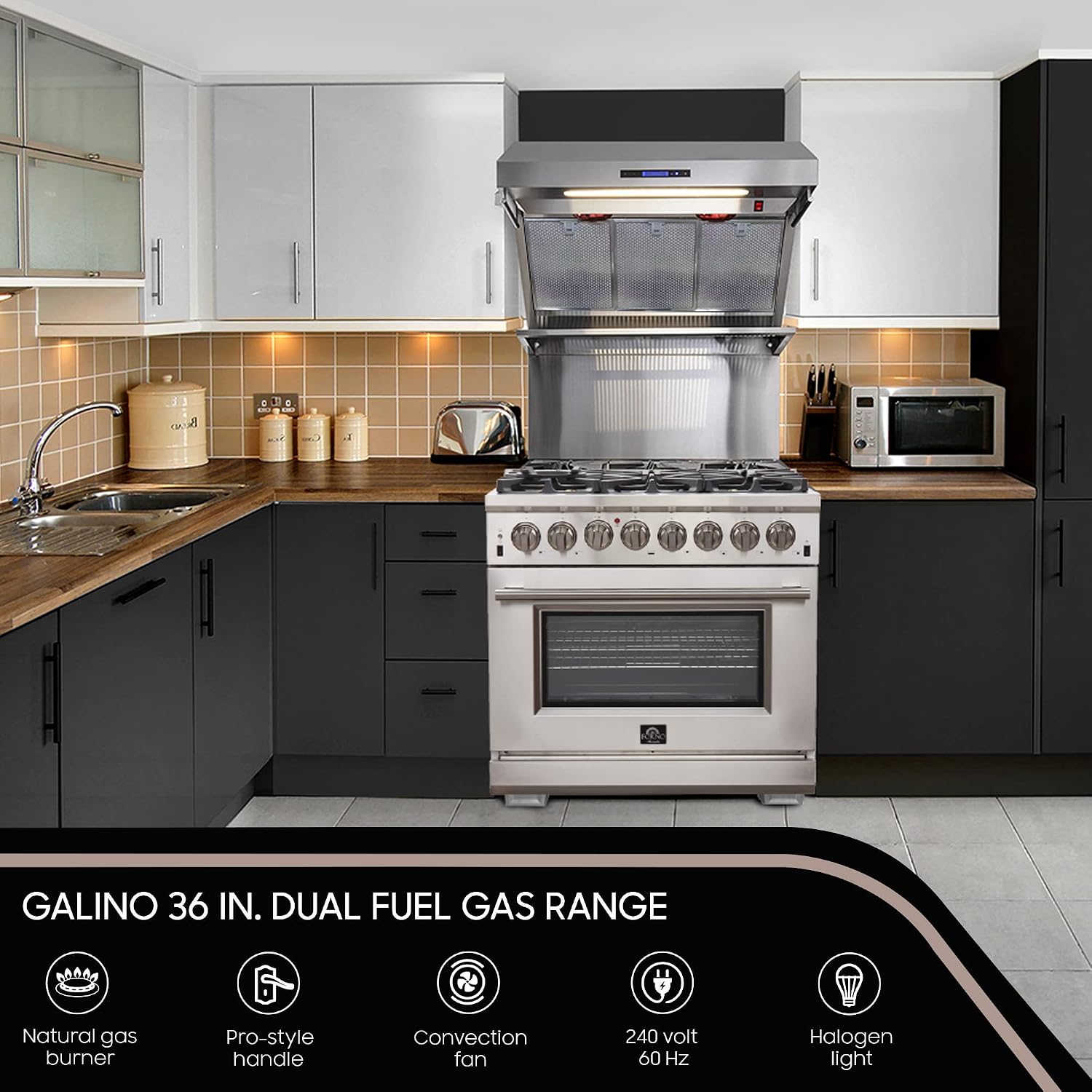 FORNO Galiano Dual Fuel 36" Inch. Freestanding Range 6 Sealed Brass Burners Cooktop - 5.36 Cu. Ft. Convection Electric Oven - Stainless Steel Stove