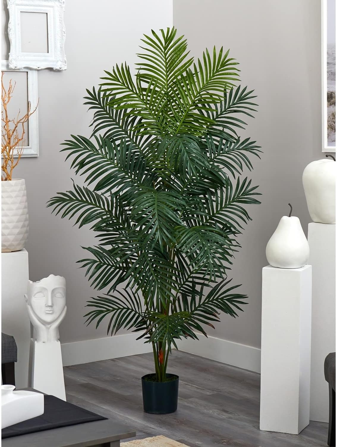 Nearly Natural 7 ft Artificial Paradise Palm Tree with Nursery Pot | 21 Feathery Fronds, Realistic Fake Leaves, Includes Black Nursery Planter