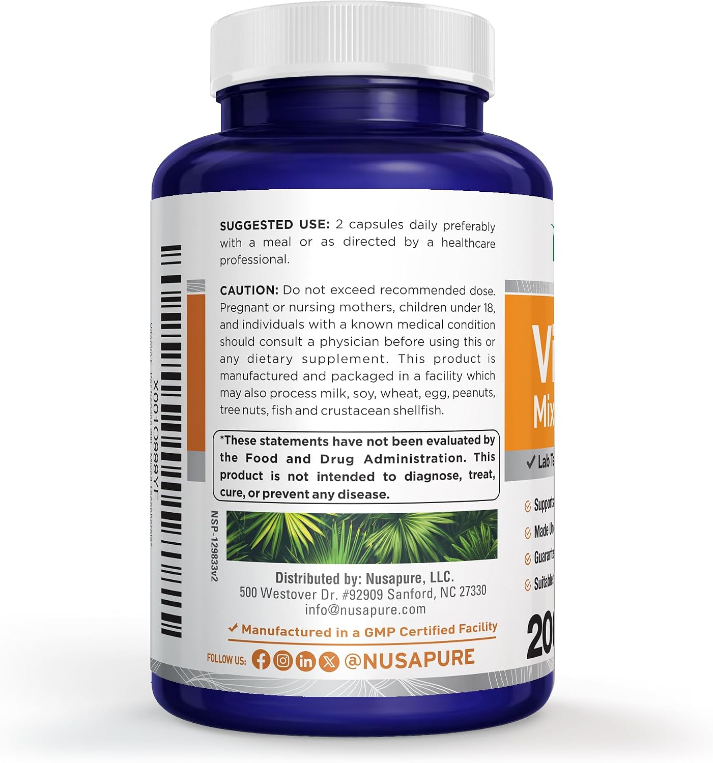 Vitamin E Mixed Tocopherols, Non-GMO Vegan, 200 Veg Capsules - 100 Servings | Plant Based with Gluten Free Formulation, Suitable for Adults