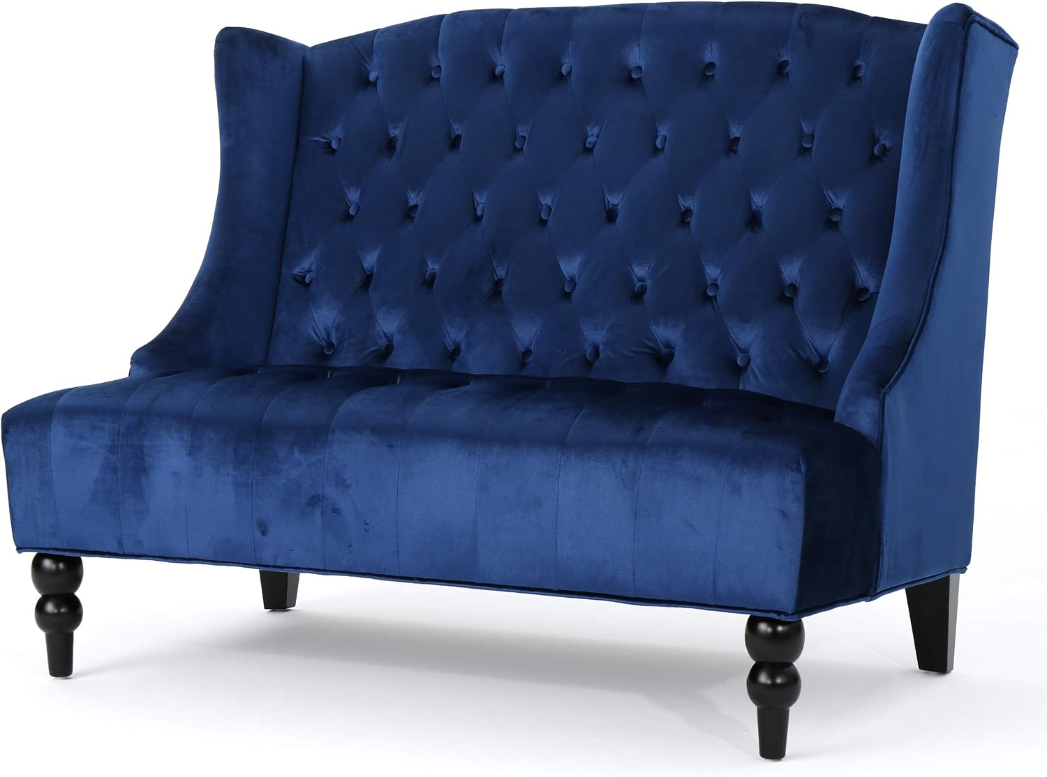 GDFStudio Modern Glam Tufted Velvet Wingback Loveseat, Navy Blue and Dark Brown