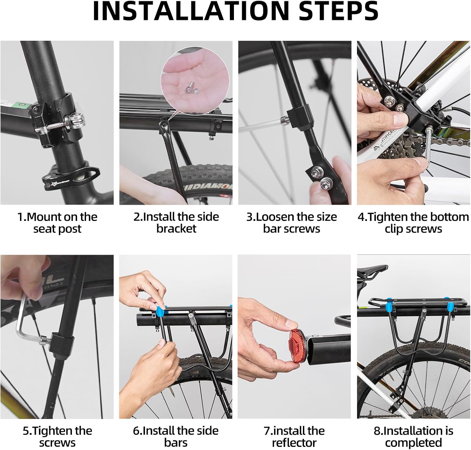 ROCKBROS Rear Bike Rack Quick Release Bike Cargo Rack for Luggage Commuting | Easy to install,heavy duty steel,red reflector,side protection,quick release system,rear back pannier rack with intructions