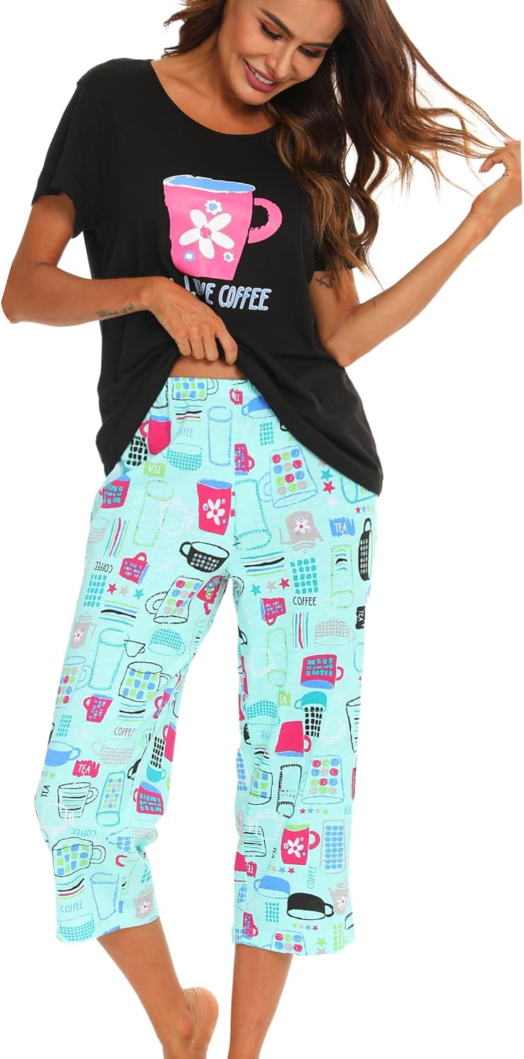 ENJOYNIGHT Womens Pajama Set Cotton Summer Pj Top with Capri Pant Sleepwear