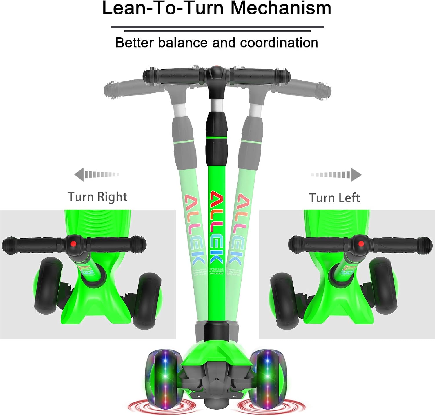 Allek Kick Scooter B03, Lean 'N Glide 3-Wheeled Push Scooter with Extra Wide PU Light-Up Wheels