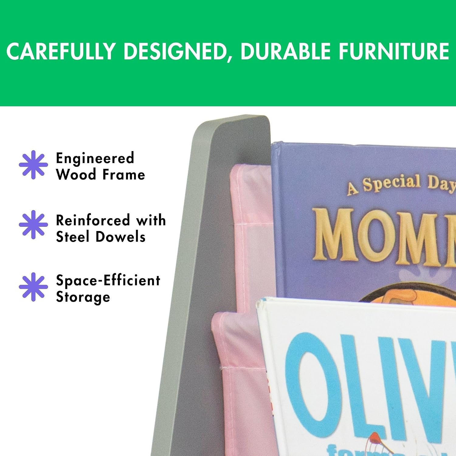 Humble Crew Kids Bookshelf, Montessori Front Facing Toddler Bookcase 4 Tier | Book display rack and reading nook organizer, nylon pockets show covers face out, compact for any playroom or bedroom space