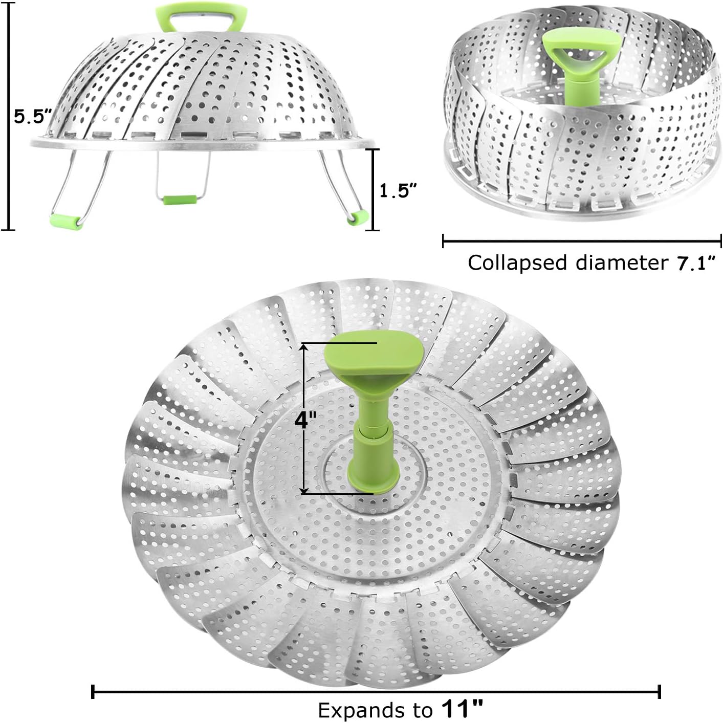 Consevisen Vegetable Steamer Basket for Cooking Food, Stainless Steel Veggie Steam Basket for Pot, Folding Expandable Steaming Insert with Extendable Handle Fits Various Size Pot, 7.1" to 11"