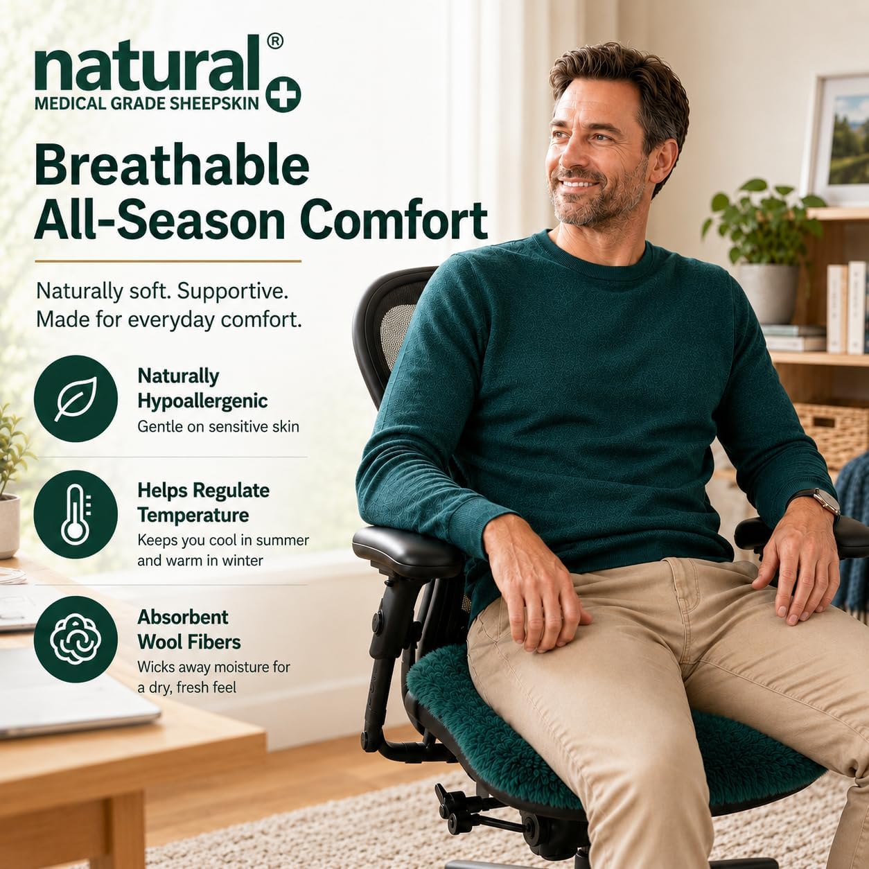 Natural Medical Sheepskin Pad, Non-Slip Back, Natural, 17 x 17 in, 1 Pack