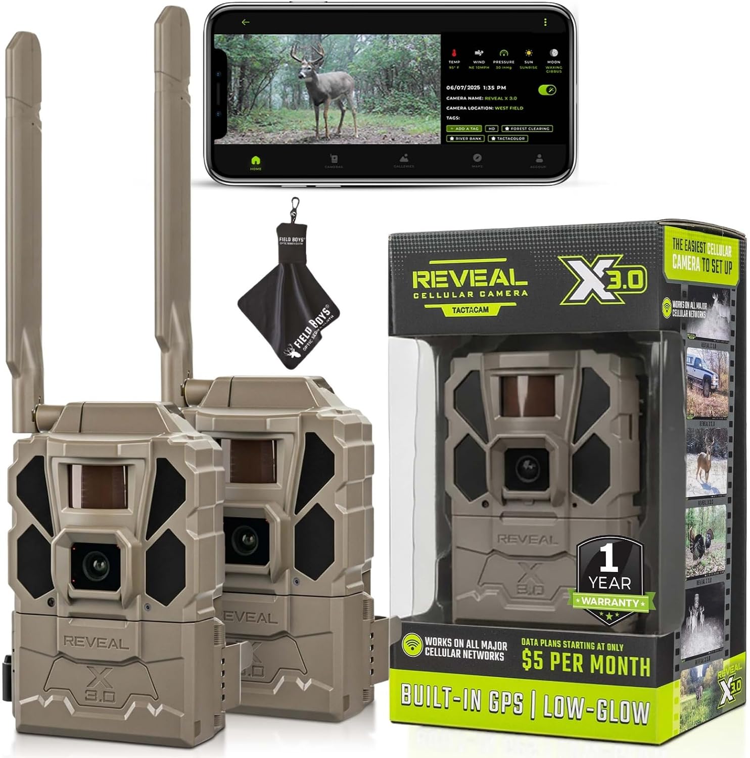 TACTACAM Reveal X Gen 3.0 Cellular Trail Camera - Multi Carrier, HD Photos & Videos, Pre-Installed Antenna, Built-in GPS, Best Battery Life, Low-Glow, Fast Trigger Speed + Cleaning Cloth | 2PK
