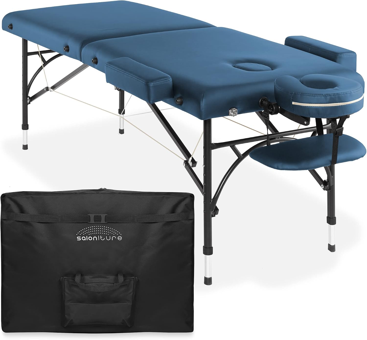 Saloniture Professional Portable Lightweight Bi-Fold Massage Table with Aluminum Legs - Includes Headrest, Face Cradle