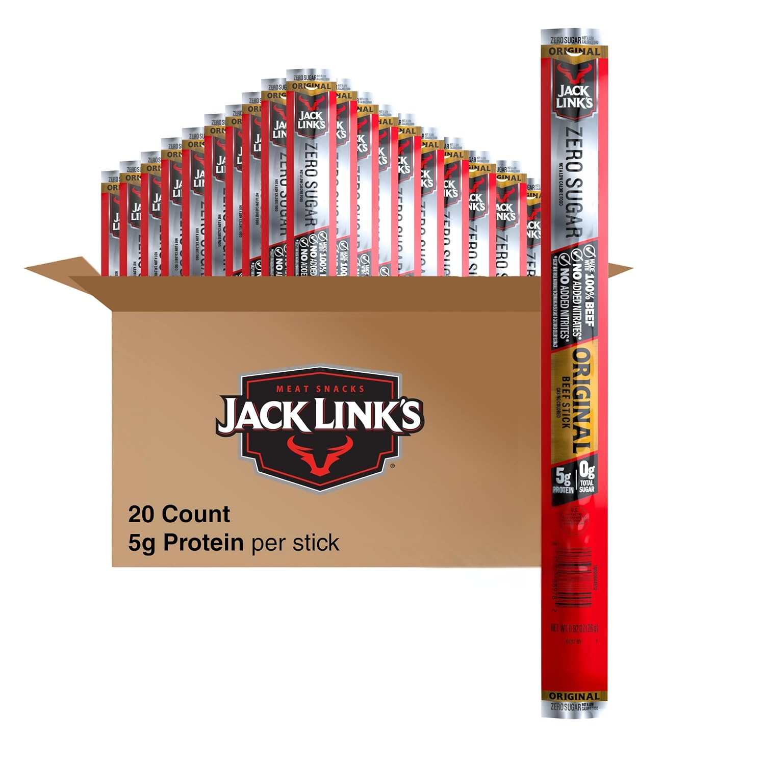 Jack Link's Original Beef Jerky Sticks - Made with 100% Real Beef - Ready to Eat Real Meat Protein Snacks - 6g Protein per Serving - 0.92 oz Meat Stick, 20 Count