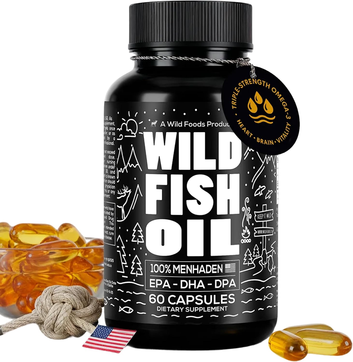 Wild Foods Fish Oil Omega 3 Supplements, 1600mg EPA DHA DPA, 60 Capsules | Burpless, Odorless, Non-GMO, Gluten Free, Supports Brain, Heart & Joint Health, 30 Servings, 1 Pack, Worldwide Sourced
