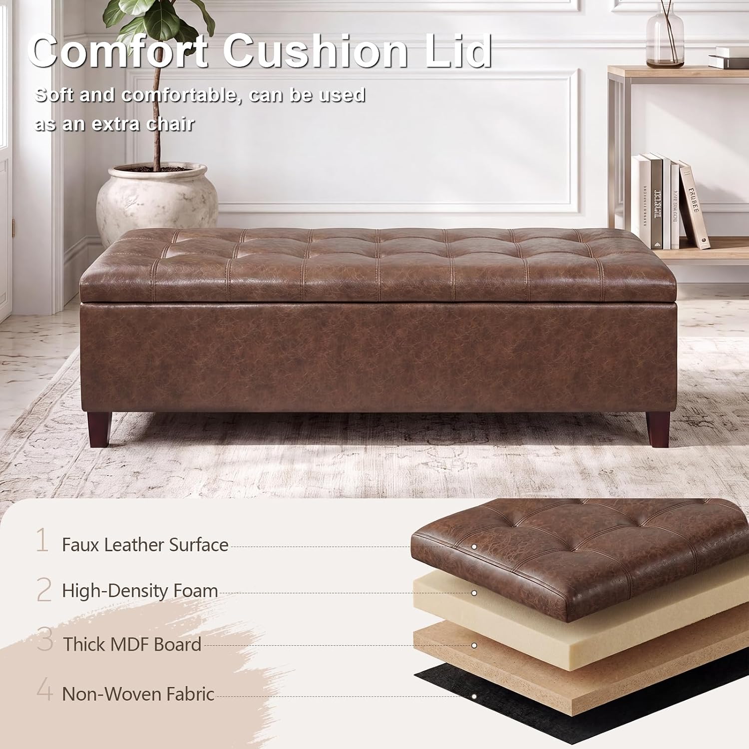 51 Inch Storage Bench,Leather Tufted Storage Ottoman with Legs | Safety Hinges,Wooden Legs,Upholstered,End of Bed,Bedroom,Living Room,Entryway,330LBS,Brown