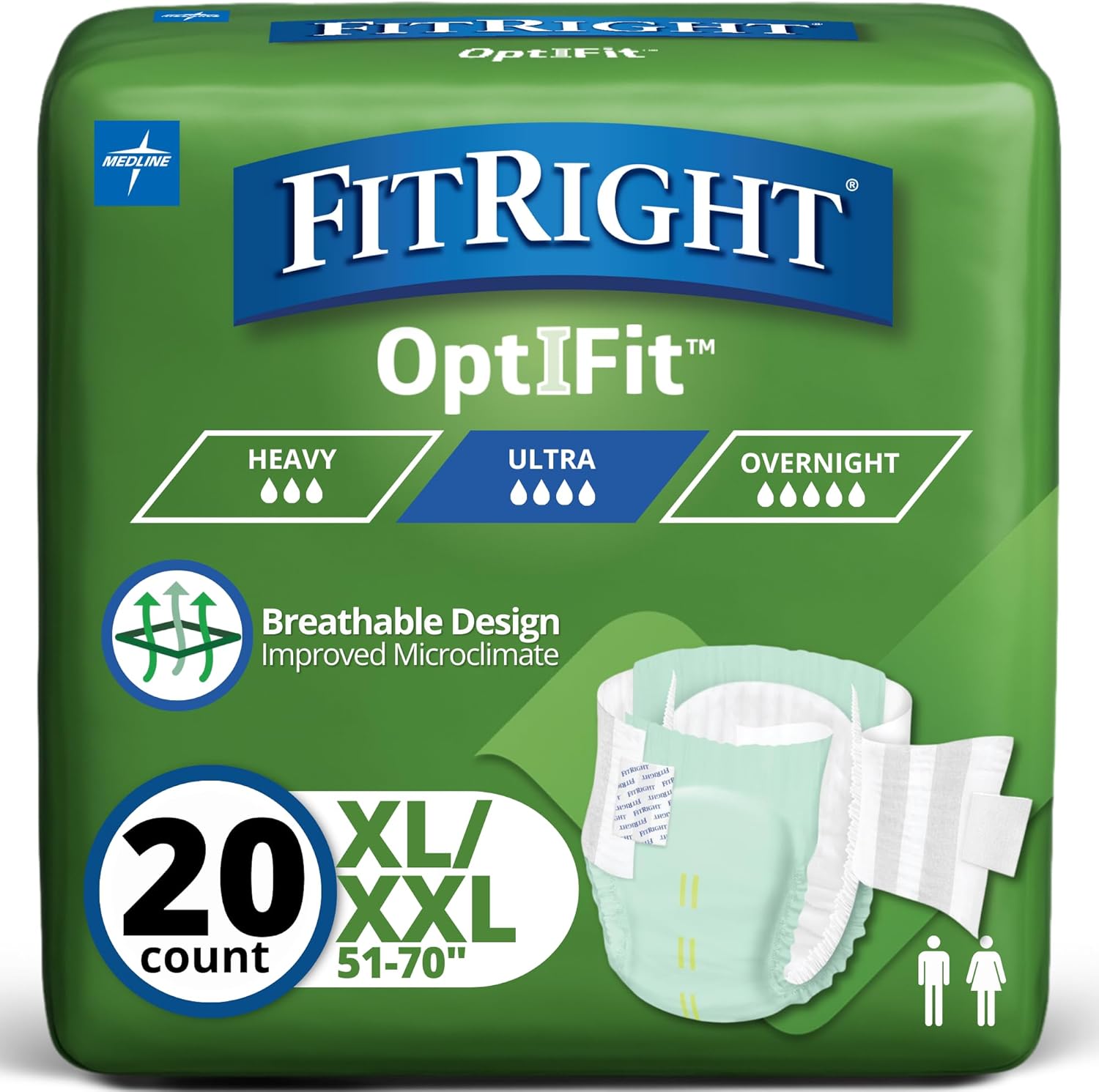 FitRight Stretch Adult Incontinence Briefs with Tabs, Ultra Absorbent, Size 1, 30" to 52", 20 Count