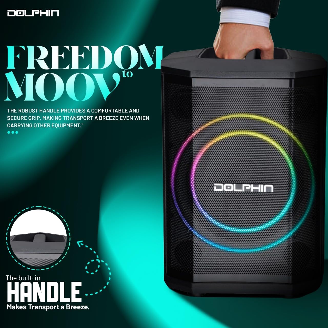 Dolphin Bluetooth Party Speaker with Wireless Microphone, 8" Woofer | 40W RMS, 3D LED Ring Light, RGB Lights, TWS Pairing, USB/AUX