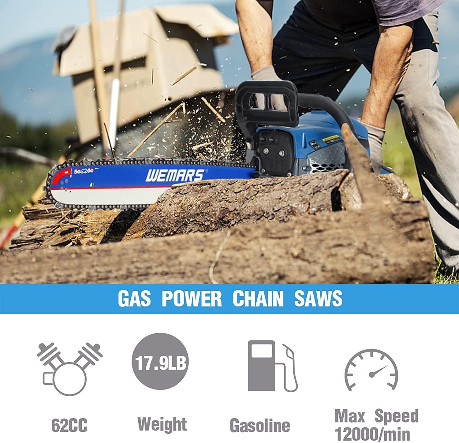 2-cycle 63CC Chainsaw Saw Gas Powered 20" Chain Saws Cordless Petrol Saw Handheld Chainsaw for Cutting Wood Trees Branches (63ACK)