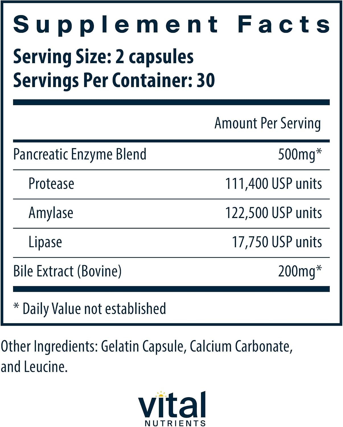Vital Nutrients Pancreatin & Ox Bile Extract 500mg - Natural Digestive Enzymes for Women & Men - Supports Digestion of Protein, Fat, and Carbohydrates*- Gluten, Dairy & Soy Free - 60 Capsules